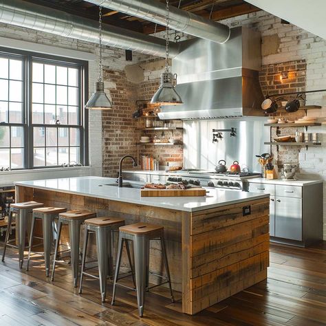 18+ Best Kitchen Designs That Perfectly Blend Industrial Elements with Comfort • 333+ Art Images Inspiring Lifestyle, Wooden Floorboards, Best Kitchen Designs, Plywood Panels, Lifestyle Ideas, Metal Bar Stools, Small Cabin, Industrial Kitchen, Kitchen Inspo