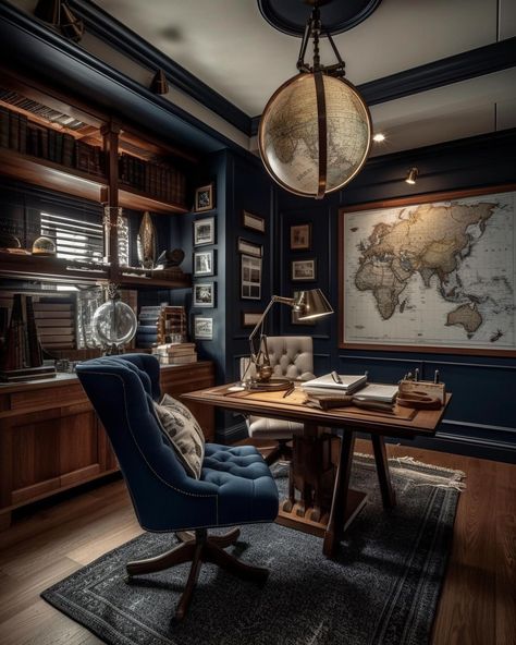 Small Men’s Office, Men’s Study, Study Room Ideas For Men, Mid Century Office Ideas, Male Home Office, Office Decor Men, Study Desk Setup, Dark Office Aesthetic, Man’s Office