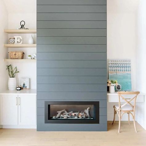 Blue Shiplap Fireplace, Modern Shiplap Fireplace, Shiplap Fireplace Wall, Blue Shiplap, Modern Shiplap, Black Fireplace Surround, Black Electric Fireplace, Gray Shiplap, Blue Accent Chairs