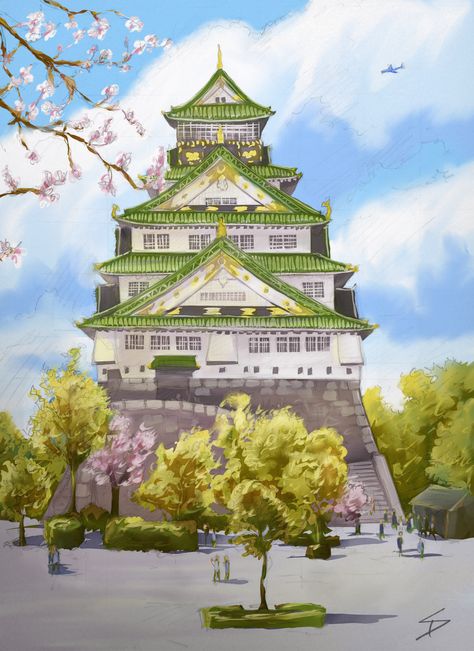 Osaka Castle Illustration, Osaka Castle Drawing, Japanese Castle Drawing, Japan City Drawing, Japanese Castle Art, Japanese Architecture Drawings, Castle Sketch, Japan Tourist, Castle Illustration