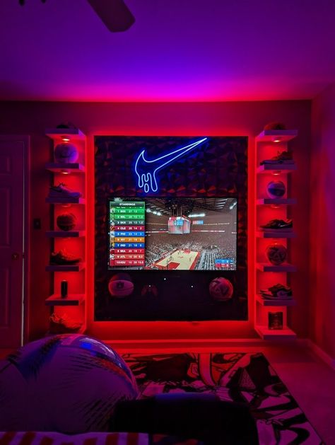 Supreme Room Ideas, Mens Gamer Bedroom Ideas, Bed Rooms Ideas For Men Modern, Cool Men Room Ideas, Hypebeast Aesthetic Room, Aesthetic Rooms For Guys, Jordan Themed Room, Black Men Room Ideas, Hype Beast Room Ideas