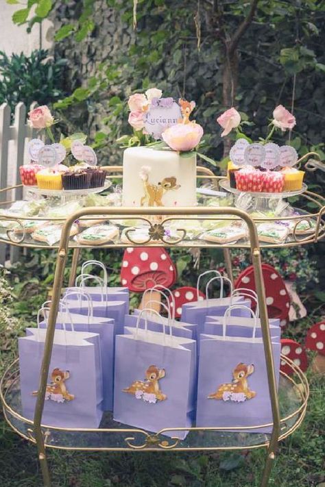 Swoon over this enchanting Bambi-themed birthday party! The dessert table is wonderful! !See more party ideas and share yours at CatchMyParty.com Bambi Birthday Theme, Bambi Smash Cake, Bambi Decorations Birthday Parties, Bambi Birthday Invitations, Bambi Party Invitation, Cake Bambi Disney, Bambi Birthday Party Decoration Girl, Girl Birthday Party Favors, Boy Party Favors