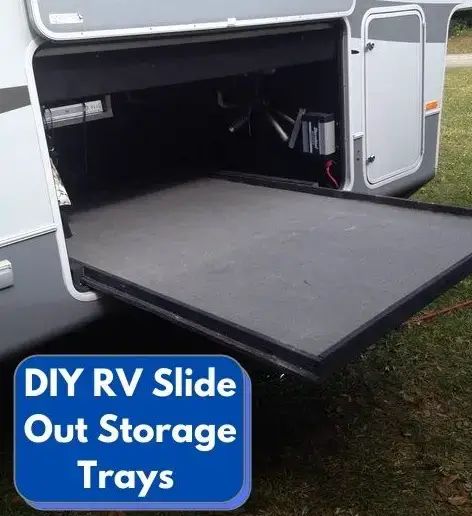 DIY RV Slide Out Storage Trays - 7 Easy Plans - The Fun Outdoors Rv Pass Through Storage Organization, Rv Pass Through Storage Ideas, Rv Storage Ideas 5th Wheels, Rv Hacks Travel Trailers, Rv Organizing, Rv Modifications, Camper Storage Ideas Travel Trailers, Slide Out Storage, Diy Travel Trailer