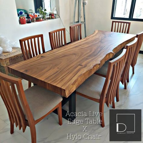 Acacia Live Edge Dining Table paired with Hylo Dining Chair Acacia Wood Table, Wood Table Design, Furniture Manufacturing, Live Edge Dining Table, Live Edge Table, Live Edge, Acacia Wood, Wood Table, Table Design