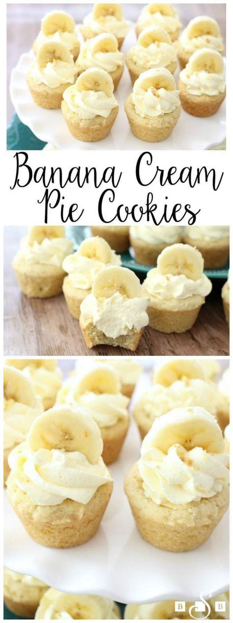 Banana Cream Pie Cookies are the perfect way to cheat and still enjoy the taste of Banana Cream Pie without having to deal with a pie crust! Banana Cream Pie Cookies, Cream Pie Cookies, Banana Cookie Recipe, Cookie Cups Recipe, Bite Size Cookies, Pie Cookies, Banana Cookies, Banoffee Pie, Banana Cream Pie