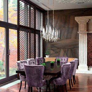 Il Pezzo 3 Long Chandelier — Il Pezzo Mancante Marble Accent Wall, Purple Chairs, Purple Dining Room, Unique Dining Room, Statement Chandeliers, Street Design, Dream Design, Interior Deco, Dining Room Design