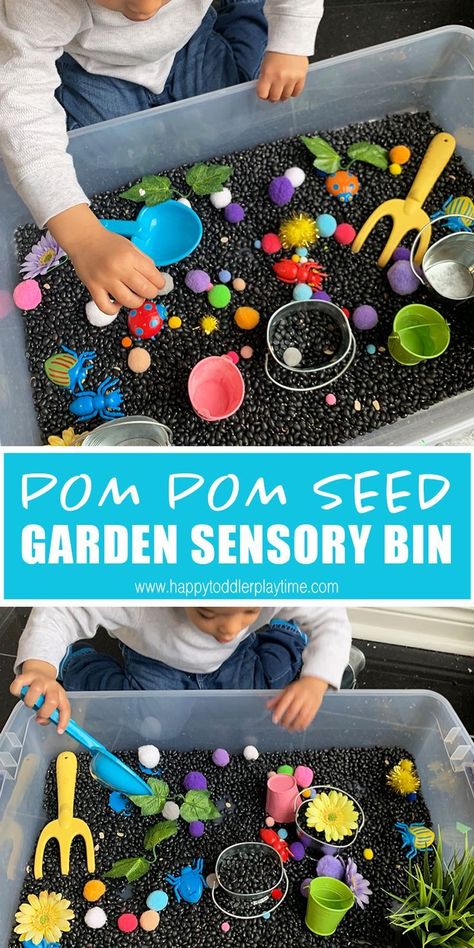 Pom pom seed planting sensory bin is fun spring sensory and pretend play bin for toddlers and preschoolers. It’s an easy and colourful way to occupy your little one at home! #sensorybin #toddleractivity #indooractivity Garden Sensory Bin For Toddlers, Pom Pom Sensory Bin, Planting Sensory Bin, Gardening Sensory Bin, Garden Sensory Bin, Garden Sensory, Spring Sensory, Seed Garden, Toddler Sensory Bins