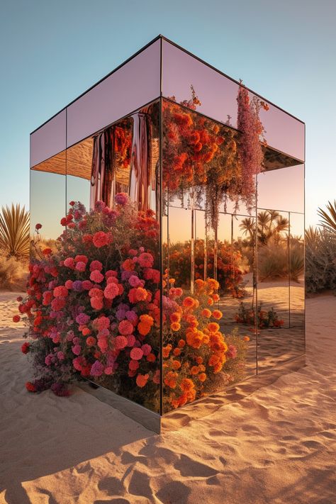 Desert Installation Art, Desert Event Decor, Flowers In The Desert, Desert Flowers Aesthetic, Flower Architecture Design, Desert Set Design, Sahara Wedding, 8 March Aesthetic, Mirror Desert