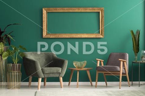 Retro armchairs in green living room Stock Photos #AD ,#green#armchairs#Retro#living Green And Gold Interior, Bright Sofa, Cupboard Decor, Green Painted Walls, Green Living Room, Retro Armchair, Dark Green Walls, Green Apartment, Wooden Cupboard