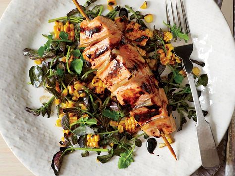 Gingered Salmon with Grilled Corn and Watercress Salad | Pickled ginger stuffed into slits in these salmon filets infuses them with great flavor. Grilled corn and watercress round out this healthy meal. Ginger Salmon, Meat And Vegetables, Watercress Salad, Healthy Fish, Quick Weeknight Dinners, Watercress, Grilled Corn, Grilled Salmon, Baklava