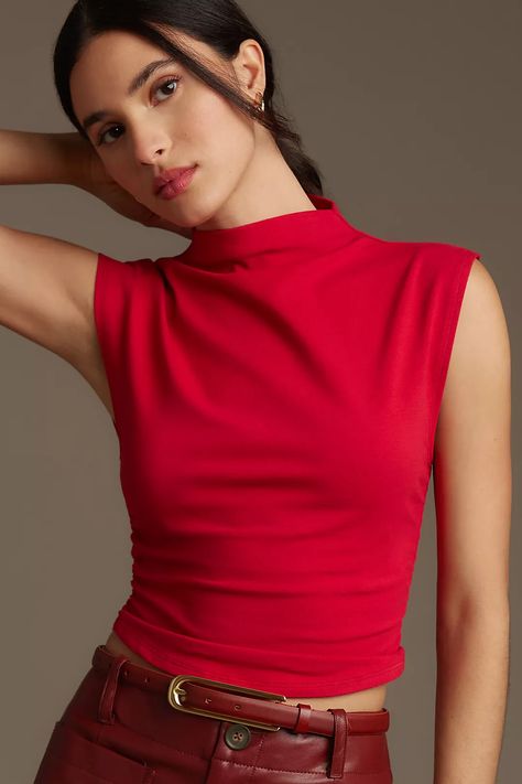 Reformation Lindy Knit Top | Anthropologie Red Top Outfit, Fitted Crop Top, Tøp Aesthetic, The Reformation, Feminine Blouses, Red Fits, Style Upgrade, Mock Neckline, Red Shirt