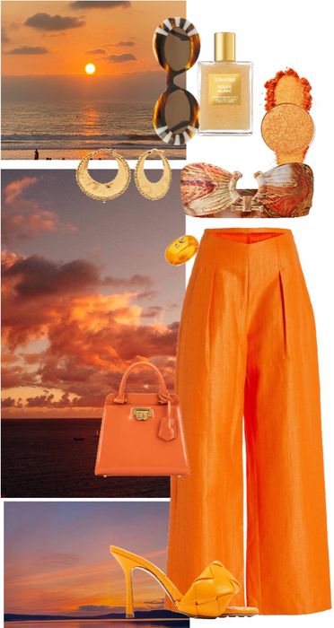 Sunset Aesthetic Outfits, Sunset Inspired Outfits, Tequila Sunset Outfit, Sunset Theme Outfit, Tropical Glam Outfit, Sunset Party Outfit, Soiree Outfits, Sunset Outfits, Autumn Color Palette Fashion