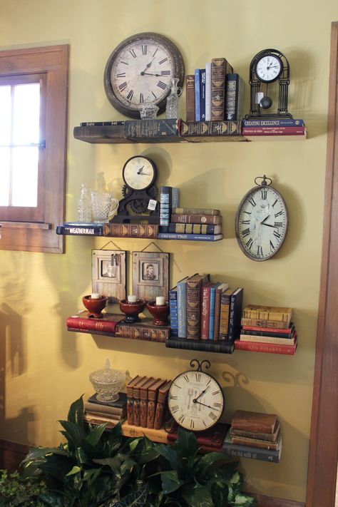 literally.. book shelves!.... plus 10+ more ideas in post like old rulers as curtain rods, old wood ironing board as a sofa table, etc Old Clocks, Deco Originale, Book Shelves, Vintage Clock, Old Wood, Book Shelf, Fall Ideas, Wall Shelves, Repurpose