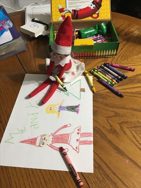 Elf on the shelf drew a picture of her and Lily. Elf On The Shelf Drawing On Pictures, Elf On Shelf Painting, Elf On The Shelf Drawing, Shelf Drawing, Bad Elf, Awesome Elf On The Shelf Ideas, Boys 1st Birthday Party Ideas, Elf Ideas, An Elf