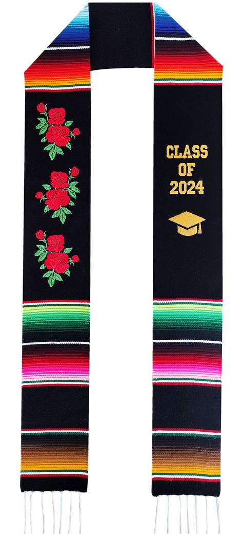 PRICES MAY VARY. THE MEXICAN SCARF FOR GRADUATION has “CLASS OF 2024” embroidered into one side and three roses embroidered on the other side. THESE AUTHENTIC MEXICAN GRADUATION SASHES WITH FLOWERS are approximately 80 inches x 5 inches THE SERAPE BLANKET STOLES ARE MADE IN MEXICO USING TRADITIONAL METHODS. 40% Cotton and 60% Polyester thick woven thread. PERFECT ADDITION TO ANY GRADUATION OUTFIT to show your Latin Ethnicity, Roots and Pride! Ideal for the 2024 graduate These Mexican Stoles for Mexican Scarf, Mexican Graduation, 2024 Graduate, Serape Blanket, Graduation Sash, Three Roses, Graduation Stole, Branded Scarves, Class Of 2023