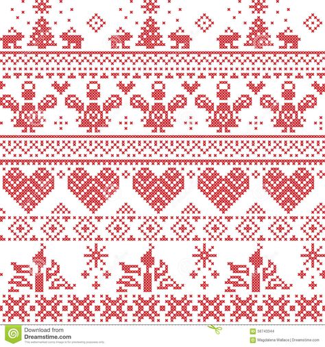 Scandinavian Nordic Christmas seamless cross stitch pattern with angels, Xmas trees, rabbits, snowflakes, candles in white and red Scandinavian Cross Stitch Patterns, Hipster Pattern, Norwegian Christmas, Fair Isles, Xmas Trees, Nordic Christmas, Learn Embroidery, Cross Stitch Borders, Needlework Patterns