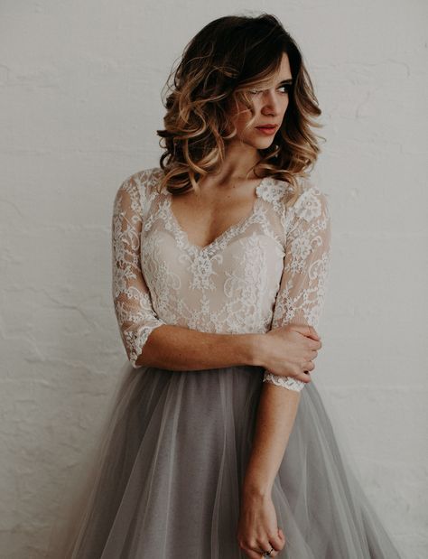 Mignonette Bridal Atelier Dress // gray tulle skirt and lace top Bridal Skirt And Top, Grey Tulle Skirt, Atelier Dress, Moody Modern, Tulle Skirts Outfit, Tulle Wedding Skirt, Grey Wedding Dress, Wedding Dress Color, Bridal Atelier