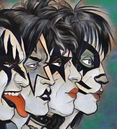 Kiss Band Cartoon, Rock Love Aesthetic, Rock Band Drawings, Kiss Band Drawing, Kiss Band Fanart, Rockstar Cartoon, Band Paintings, Kiss Fanart, Banda Kiss