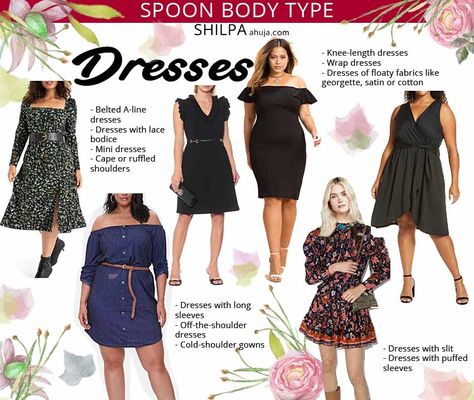 How to Dress for Spoon Body Type: Clothing and Fashion Tips Spoon Body Shape, Curvy Style Outfits, Clothes Curvy, Dress Body Type, Cold Shoulder Gown, Dressing Tips, Curvy Style, Fashion Articles, Illustration Fashion Design