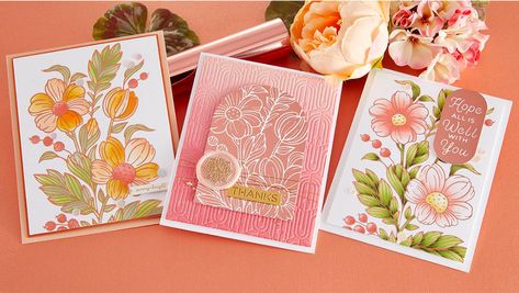 Spellbinders Overflowing Floral, Foil Pressed Cards, Glimmer Hot Foil, Floral Stencil, Spellbinders Cards, Foil Cards, Now Open, Watercolor Cards, Card Maker