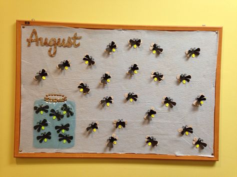 August birthday bulletin board. Cricut cartridge Walk in My Garden for the fireflies. Cellophane and thumb tacks for the jar. August Birthday Bulletin Board Ideas, Firefly Bulletin Board, August Bulletin Board Ideas For Daycare, August Bulletin Board Ideas, August Bulletin Board, August Bulletin Boards, Student Work Bulletin Board, Daycare Bulletin Boards, September Bulletin Boards