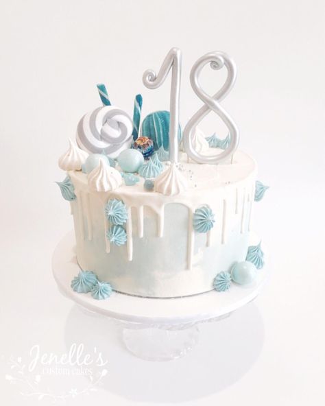 Blue White And Silver Birthday Cakes, 18th Birthday Cake Blue And Silver, Light Blue Cake Birthday, 18th Birthday Cake Ideas, 18th Birthday Cakes, Blue Drip Cake, Bakery Inspiration, Drop Cake, Blue Birthday Cakes