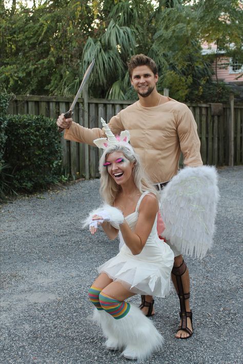 Hercules and Pegasus Halloween Couples Costume Unicorn Couple Costume, Adult Unicorn Costume Diy, Adult Unicorn Costume, Pegasus Costume, Hercules And Pegasus, Unicorn Costume Adult, Halloween Couples Costume, Unicorn Halloween Costume, Amazing Halloween Costumes