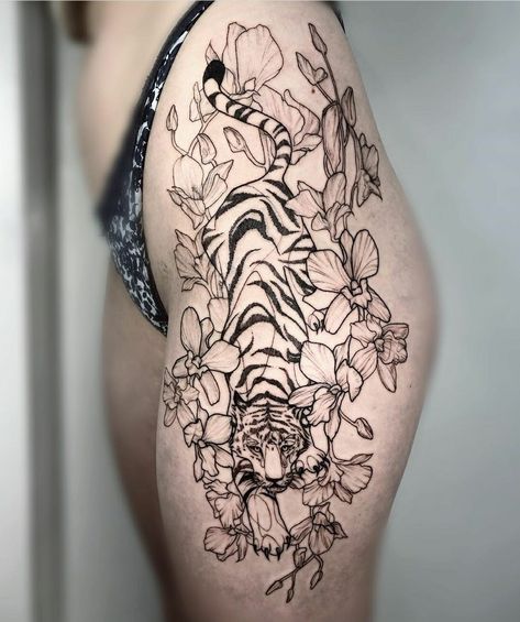 White Tiger Hip Tattoo, Koi Fish Tattoo Side Hip, Tiger In Flowers Tattoo, Large Animal Tattoos, Hip Tiger Tattoo, Bengal Tiger Tattoo For Women, Tiger Tattoo Meaning For Women, Large Tiger Tattoo, Girly Tiger Tattoo