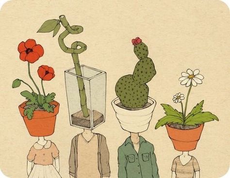 People with Plants head, I oddly love it. Drawing people with bird houses heads is intriguing too. Object Heads, Trendy Plants, Grey Art, Plant Drawing, Plant Illustration, Art And Illustration, Plant Art, Drawing Inspiration, Potted Plants