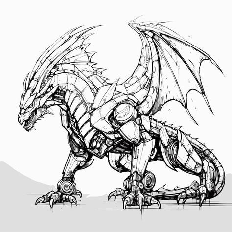 Robot Dragon Drawing, Robotic Dragon, Robot Dragon, Robot Sketch, Metal Dragon, Dragon Sketch, Dragon Artwork, Robot Design, Dragon Drawing