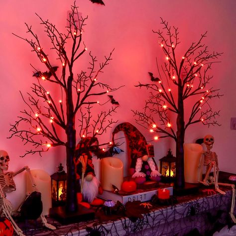 PRICES MAY VARY. [ Halloween Tabletop Decor ]: This set includes 2 black birch trees, each standing 24 inches tall with 24 orange-red LED lights. Featuring 24 branches and 12 small spooky twigs, these trees look fun and attractive, perfect for decorating your home, party, fireplace, dining table, or windowsill for a Halloween party. [ Dual Power Options ]: These Halloween table decoration tree lights offer two power modes: Battery Operated (3 AA batteries not included) or a USB Operated (cable i Red And Black Halloween Decorations, Halloween Spooky Tree, Halloween Apartment, Living Room Halloween Decor, Apartment Party, Halloween Tree Decorations, Fireplace Dining, Halloween Decorations Apartment, Halloween Table Decor