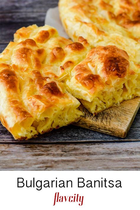 Bulgarian banitsa with feta cheese and phyllo dough. Bulgarian Dessert Recipes, Feta Phyllo Honey, Bulgarian Banitsa Recipe, Bulgarian Banitsa, Bulgarian Desserts, Belogradchik Bulgaria, Albanian Recipes, Bulgarian Recipes, European Cuisine