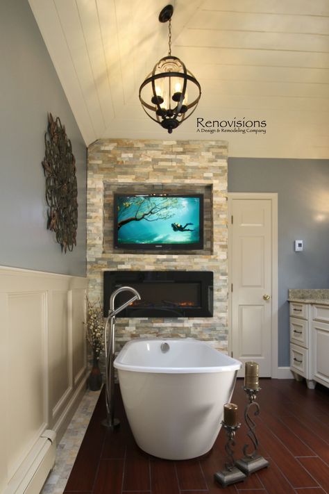 Bathroom With Fireplace And Tv, Ledger Stone Bathroom, Bathroom Electric Fireplace, Electric Fireplace Bathroom Wall, Fireplaces In Bathrooms, Fireplace In The Bathroom, Bathroom With Electric Fireplace, Tv In Shower Master Bath, Bathtub With Tv On Wall