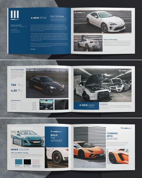 Automotive Catalog Template InDesign - 24 unique pages Car Catalog Design, Catalogue Design Templates, Catalogue Layout, Magazine Layout Inspiration, Catalog Template, Car Advertising Design, Car Catalog, Car Brochure, Car Advertising