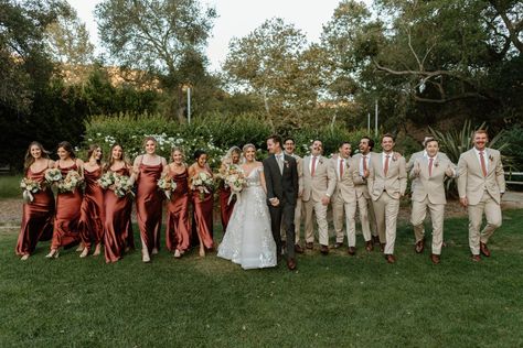 Wedding Party Photos Terracotta, Copper And Tan Wedding Party, Green Tux Wedding Color Schemes, Men’s Wedding Party Suits, Rust Wedding Party Bridesmaid Dress, Terracotta Themed Wedding, Rust Colored Wedding Party, Boho Fall Wedding Groomsmen, Terracotta And Green Wedding Theme