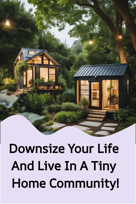 Two modern tiny homes surrounded by lush greenery with the text: "Downsize Your Life And Live In A Tiny Home Community!" Tiny Home Village Layout, Tiny Home Community Layout, Tiny House Forest, How To Start A Tiny House Community, Tiny Home Large Family, Small House Communities, Tiny House Community Airbnb, Tiny Home Community, Types Of Communities