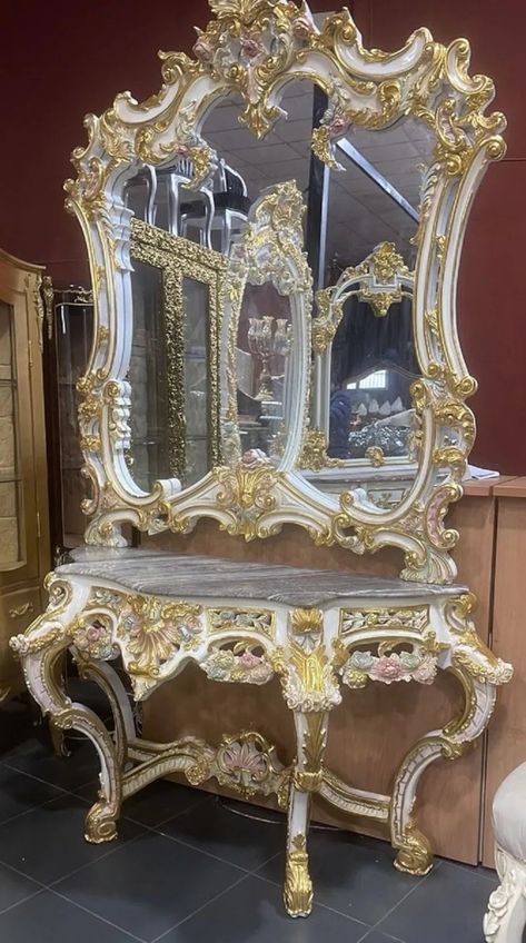 Console With Mirror, Marble Mirror, Baroque Mirror, Baroque Furniture, Baroque Decor, Dream Bedroom Inspiration, Luxury Furniture Living Room, French Style Furniture, Wardrobe Furniture