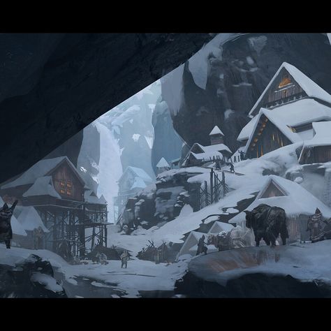 Mountain Village Fantasy Art, Fantasy Village, Bg Design, Mountain City, Location Inspiration, Snowy Mountain, 다크 판타지, Fantasy City, Mountain Village