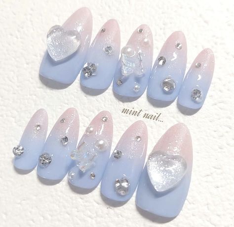 Rose Quartz And Serenity Nails, Svt Nails Design, Minghao Nails, Svt Inspired Nails, Kokomi Nails, Blue Nails Ombre, Blue Nails Cute, Ombre Nails Gel, Cinnamoroll Nails