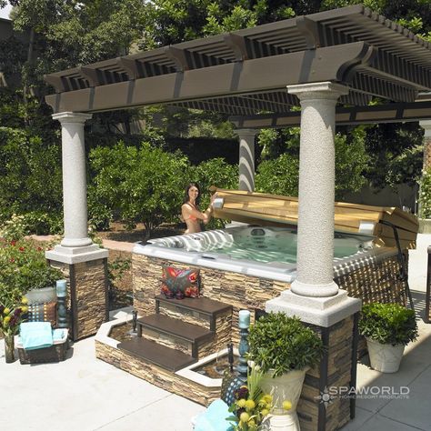 This is beautiful!!  Use stone to match the wall and fire place!!  And reclaimed wood!! Hot Tub Landscaping, Tub Design, Hot Tub Patio, Hot Tub Designs, Outdoor Hot Tub, Hot Tub Backyard, Hot Tub Garden, Tub Ideas, Pergola Design