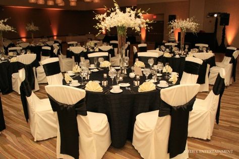 B reception, black tablecloth Black Tablecloth White Chair Covers, White Chair Covers With Black Sash, Black Table White Chairs Wedding, Black Table Cloth White Chairs, Black Tablecloth White Chairs, Black Chair Covers Wedding Reception, Black And White Wedding Tables, Black And White Table Setting Wedding, Black Table Linens Wedding