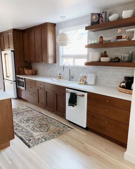 Spanish Bungalow, Brown Kitchen Cabinets, Dark Wood Kitchens, Warm Home Decor, Brown Cabinets, Brown Kitchens, Family Of Five, Dark Kitchen Cabinets, Kitchen Remodel Idea