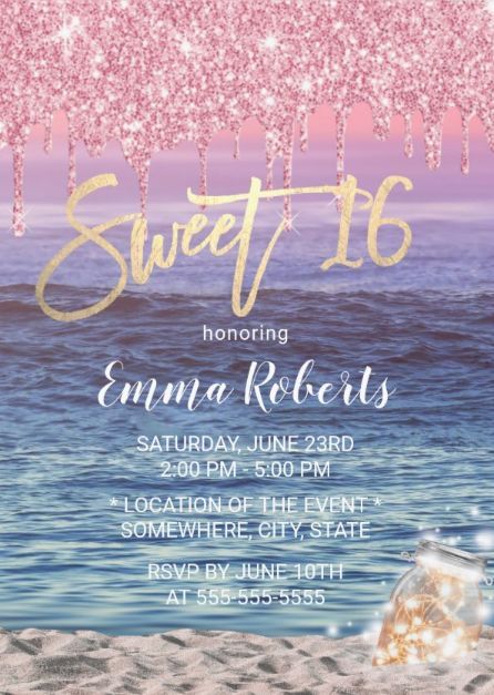 Modern tropical and glamorous Sweet 16 birthday party invitations featuring rose gold glitter, mason jar and beach background. afflink Sweet 16 Beach Party Ideas, Sweet 16 Pool Party Ideas, Sweet 16 Summer, 16 Birthday Party Invitations, Beach Sweet 16, Tropical Sweet 16, Sweet 16 Pool Parties, Gold Glitter Mason Jar, Sweet 16 Party Invitations