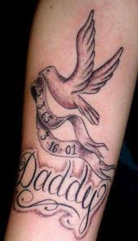 Are you considering a dove tattoo? Here you'll find discussion of the meanings, history, and many designs of the dove tattoo, with photos. Faith Tattoos, Tattoos For Dad Memorial, Memory Tattoos, Dove Tattoo Design, Rip Tattoo, Dove Tattoos, P Tattoo, Father Tattoos