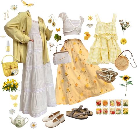 Yellow Cottage-core Look Outfit | ShopLook Summer Fits Cottage Core, Cottage Core Picnic Outfit, Yellow Clothing Aesthetic, Grandma Core Outfit Summer, Modest Cottage Core Outfits, Cottage Core Outfits Summer, Art Core Outfits, Cottage Core Style Outfits, Summer Cottage Core Outfits