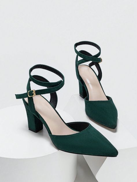 Dark Green  Collar     Embellished   Women Shoes Emerald Green Heels Simple, Dark Green Heels Wedding, Green 4-inch Heels For Party, Elegant Green Heels With 4-inch Heel, Green High Heel Court Shoes With 4-inch Heel, Heels Prom, Green Pumps, Short Heels, Green Bridesmaid