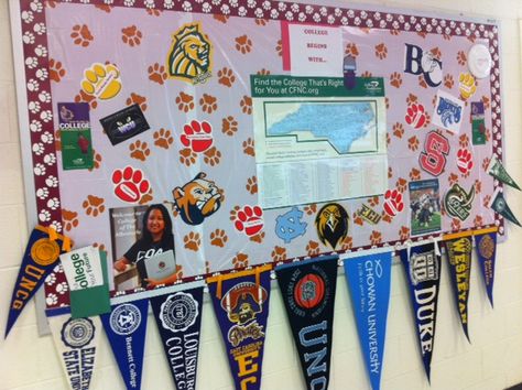 A fantastic bulletin board full of college paraphernalia at Chowan Middle School -- great to see the CFNC map on display! Senior Boards, College Advising, College Theme, College Advisor, Counseling Bulletin Boards, College Bulletin Boards, High School Counseling, College Visit, College Office