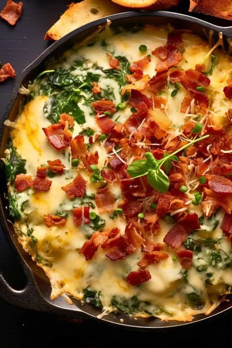 Cheesy Bacon Spinach Dip - BeCentsational Thanksgiving Potluck Dishes, Bacon Spinach Dip, Christmas Dinner Dishes, Baked Spinach Dip, Chicken Gyro Recipe, Traditional Christmas Dinner, Gyro Recipe, Easy Keto Meal Plan, Holiday Appetizers Recipes