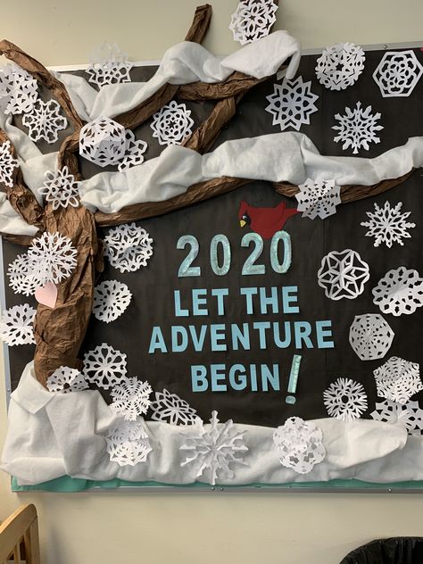 New Years Display Ideas, New Year Board Decoration Ideas, Sliding Into The New Year Bulletin Board, Bulletin Board Ideas For New Year, New Year Bulliten Board, New Years Bulliten Board, New Year School Board Decoration, New Year School Bulletin Boards, January Board Ideas