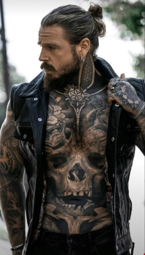 Kevin Creekman, Tatted Men, Hot Biker Guys, Viking Men, Body Tattoo, Biker Men, Inked Men, Man Bun, Long Hair Styles Men